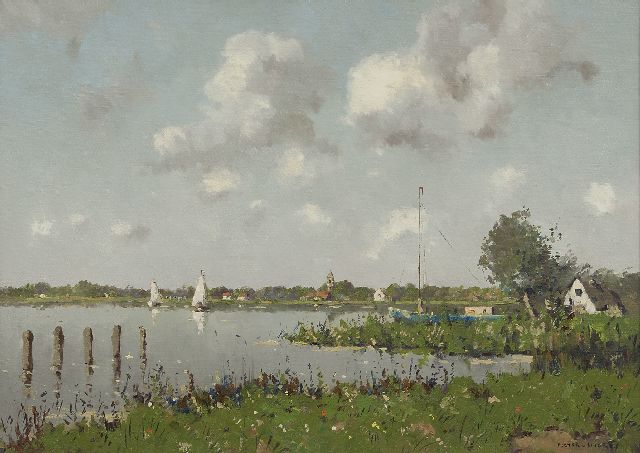 Nico Bruynesteyn | Zeilboten in zomers rivierlandschap, olieverf op doek, 51,0 x 70,7 cm, gesigneerd r.o. met pseudoniem 'Pieter van Noort' en te dateren ca. 1940