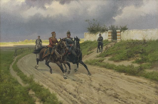 Koekkoek H.W.  | Pruisische cavaleristen te paard, olieverf op doek 40,3 x 60,4 cm, gesigneerd r.o. en te dateren 1890