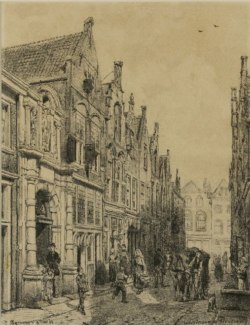 Cornelis Springer | De Vriesestraat te Dordrecht met de ingang van de Gemeenteschool, houtskool op papier, 50,7 x 39,6 cm, gesigneerd l.o. en gedateerd 1 Nov. '82