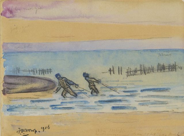 Jan Toorop | Zeeuwse garnalenvissers, zwart krijt en aquarel op papier, 11,4 x 15,1 cm, gesigneerd l.o. en gedateerd 1916
