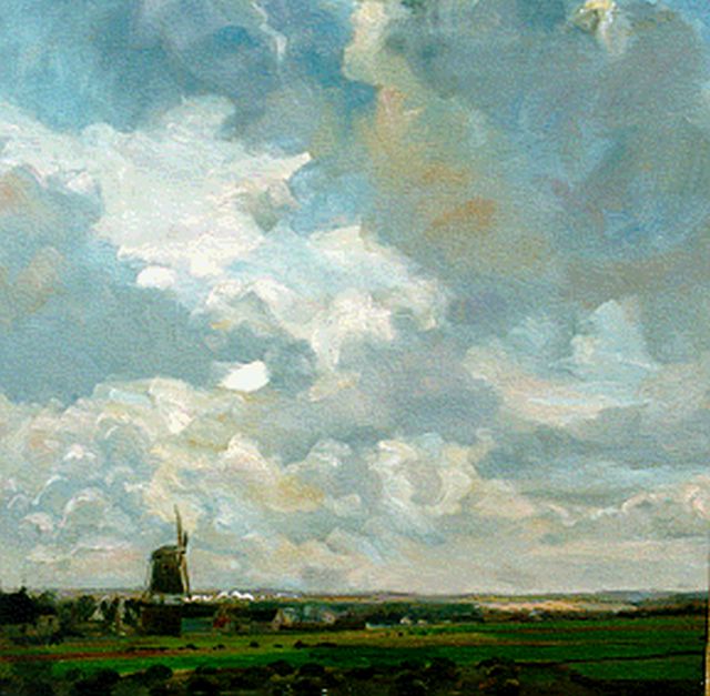 Haverkamp G.C.  | Weids landschap met molen, olieverf op doek 40,2 x 40,2 cm, gesigneerd r.o. en gedateerd '88