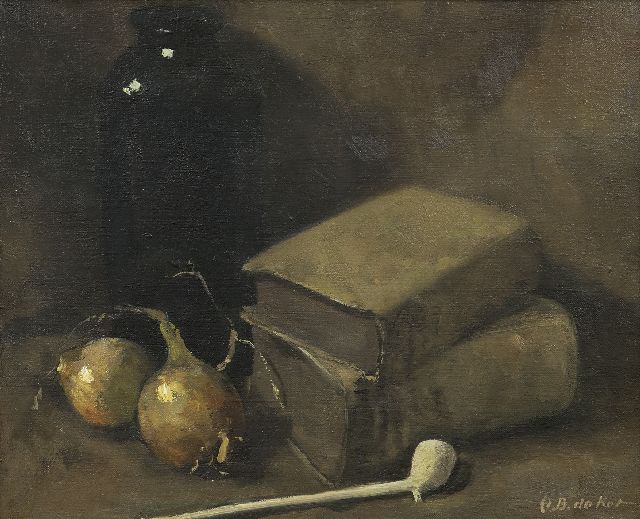 Otto B. de Kat | Stilleven met boeken, twee uien en een Goudse pijp, olieverf op doek, 34,5 x 42,2 cm, gesigneerd r.o.