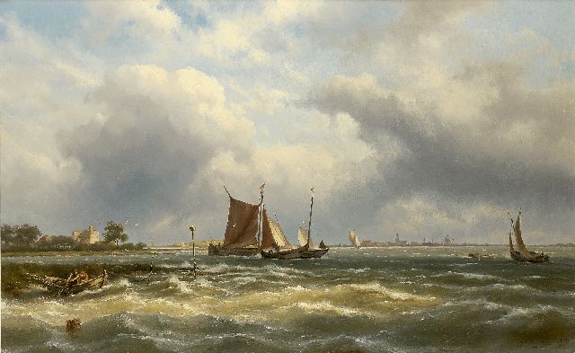 Jan H.B. Koekkoek | Vissersschepen in een riviermonding, olieverf op doek, 66,1 x 105,6 cm, gesigneerd r.o. en gedateerd '90