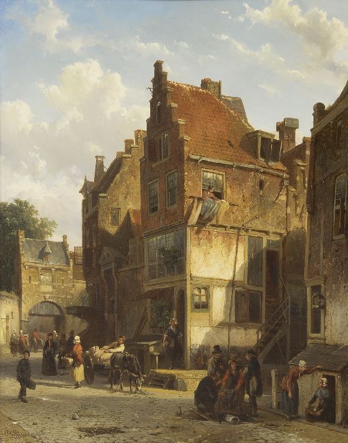 Cornelis Springer | Bedrijvigheid in een Oud-Hollands straatje, olieverf op paneel, 49,0 x 39,0 cm, gesigneerd l.o. + r.o. + verso en gedateerd '58