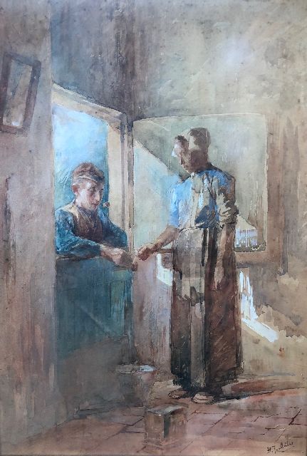 Henricus Joannes Mélis | Praatje aan de deur, aquarel op papier, 50,8 x 35,4 cm, gesigneerd r.o.