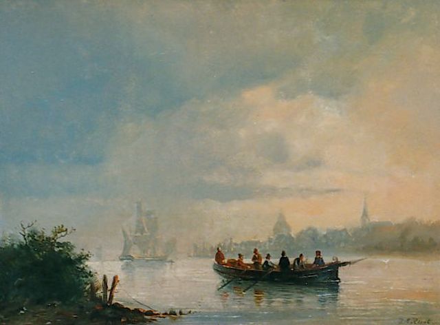 Johan Rust | Roeibootje in de ochtendnevel op de Schelde, 23,0 x 30,8 cm, gesigneerd r.o.