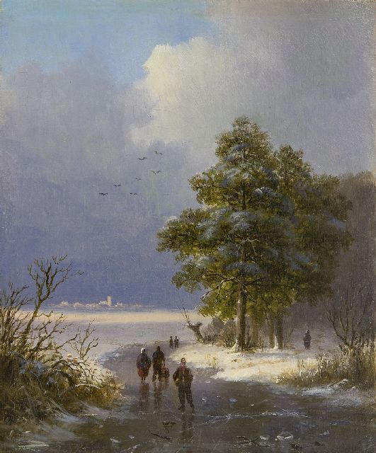 Johann Bernard Klombeck | Weids winterlandschap met schaatsers (te koop met zomers pendant), olieverf op paneel, 16,4 x 13,5 cm, gesigneerd l.o. en gedateerd 1842