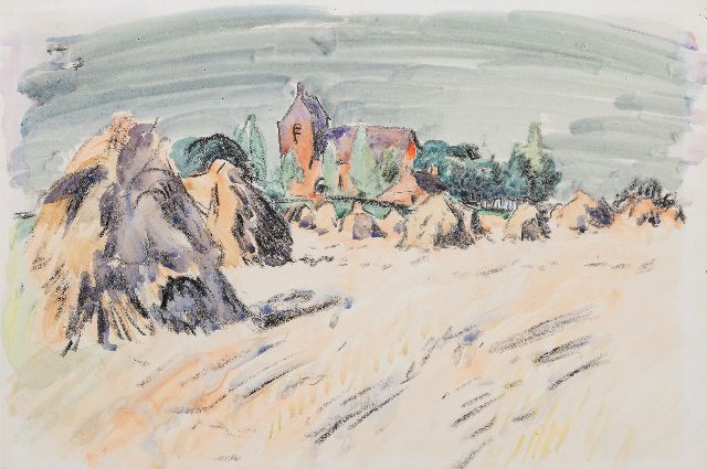 Jan Altink | Zomerlandschap met het kerkje van Oostum, krijt en aquarel op papier, 41,2 x 59,7 cm