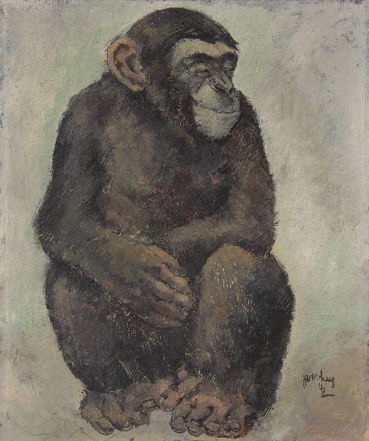 Heel J.J. van | Zittende aap, olieverf op board 60,0 x 50,0 cm, gesigneerd r.o. en gedateerd '41