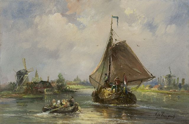 Albert Jurardus van Prooijen | Riviergezicht met zeilende hooitjalk, olieverf op paneel, 21,2 x 32,0 cm, gesigneerd r.o.
