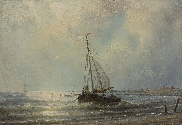 Petrus Paulus Schiedges | Voor anker langs de kust, olieverf op paneel, 23,0 x 33,2 cm, gesigneerd l.o. en gedateerd '62
