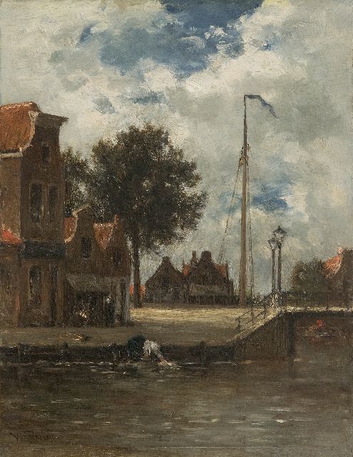 Willem Roelofs | Dorpsvaart met vrouw aan de was (mogelijk Edam), olieverf op paneel, 31,5 x 24,5 cm, gesigneerd l.o. en te dateren ca. 1861-1867