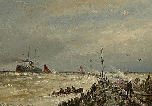 Christiaan Dommelshuizen | Schepen bij Hoek van Holland, waaronder een Amerikaans stoomschip, olieverf op paneel, 23,6 x 33,1 cm, gesigneerd l.o. en gedateerd 1891