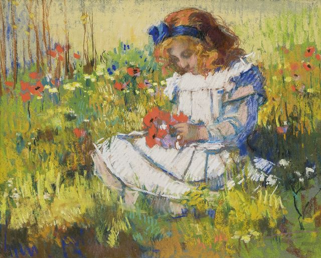 Rob Graafland | Dochter van de schilder in een bloemenveld, pastel op papier, 51,9 x 63,5 cm, gesigneerd r.o. en gedateerd 1911