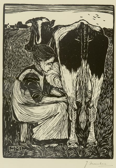 Jan Mankes | Koemelkende boerin, houtsnede op papier, 22,0 x 16,0 cm, gesigneerd r.o. (in potlood) en te dateren 1914