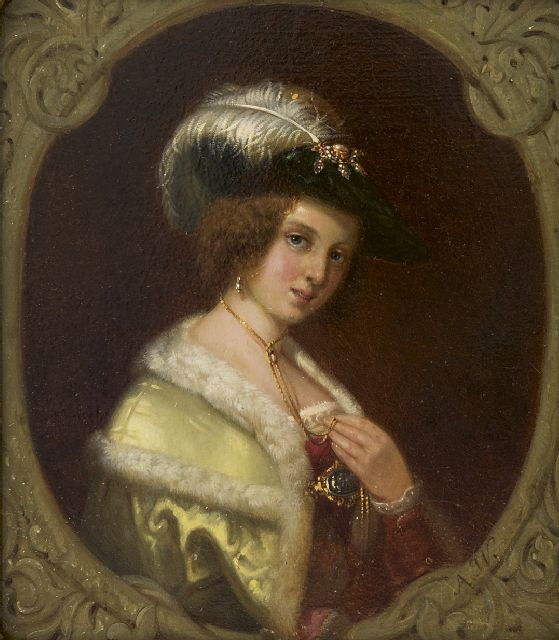 Waldorp A.  | Portret van een rijk uitgedoste vrouw, olieverf op paneel 19,0 x 16,2 cm, gesigneerd r.o. met initialen