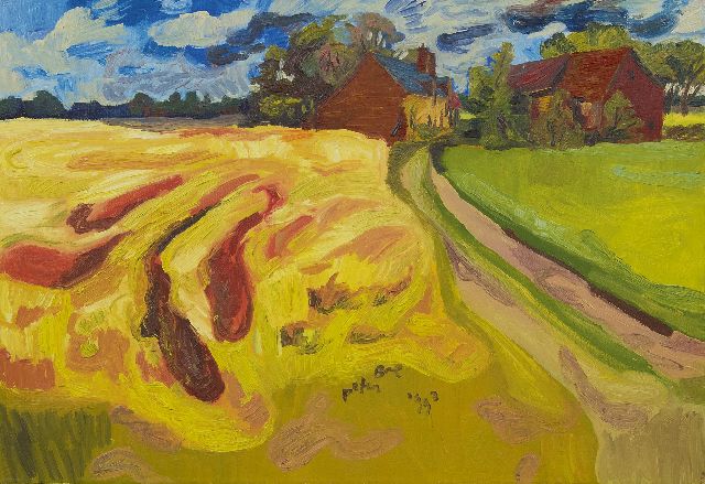 Peter Bol | Korenveld met boerderijen, olieverf op doek, 56,3 x 81,2 cm, gesigneerd r.o. en gedateerd 1993