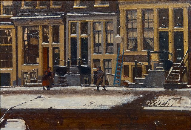 Witsen W.A.  | De Oude Waal in de winter, Amsterdam, olieverf op paneel 30,3 x 44,3 cm, gesigneerd r.o. en te dateren ca. 1912