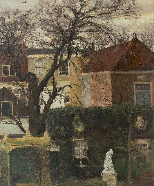 Louis Apol | Uitzicht over achtertuin en huizen, vermoedelijk de Juffrouw Idastraat, Den Haag, olieverf op doek, 60,6 x 50,4 cm, gesigneerd r.o.