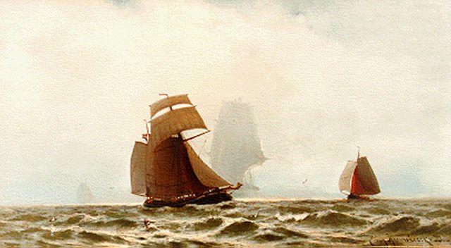 Jacob Eduard van Heemskerck van Beest | Platbodems op volle zee, olieverf op paneel, 41,5 x 74,8 cm, gesigneerd r.o.