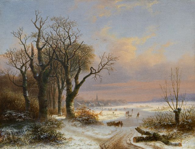 Willem Simon Petrus van der Vijver | Winterlandschap met schaatsers bij een dorp, olieverf op doek, 48,8 x 62,5 cm, gesigneerd r.o. en gedateerd 1854