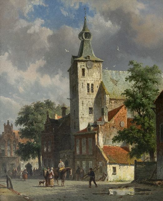 Adrianus Eversen | Gezicht op de Andreaskerk in Hattem, olieverf op doek, 47,8 x 38,7 cm, gesigneerd r.o. en verso op etiket