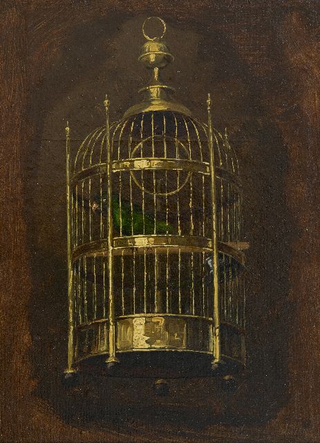 Savrij H.  | De papagaaijenkooi, olieverf op doek op paneel 22,1 x 16,1 cm, gesigneerd r.o.