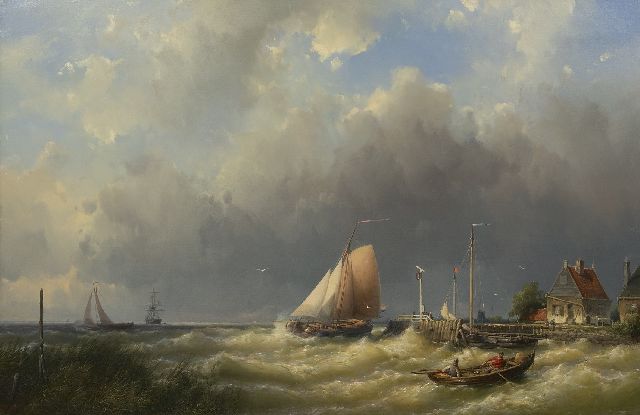 Jan H.B. Koekkoek | Zeilschepen op woelige zee langs de kust, olieverf op doek, 65,0 x 102,7 cm, gesigneerd l.o. en gedateerd 1862