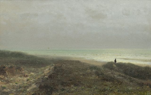 Johannes Josephus Destrée | Duinlandschap met wandelaar uitkijkend over zee, olieverf op paneel, 27,6 x 43,8 cm, gesigneerd r.o. en gedateerd 1879