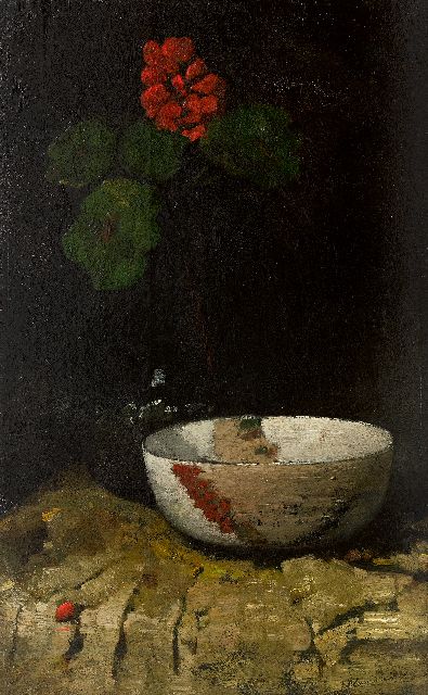 Willem van den Berg | Stilleven met kom en geranium, olieverf op paneel, 63,7 x 40,3 cm, gesigneerd r.b.