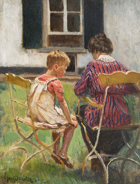Frans Oerder | Moeder en dochter in de tuin, olieverf op paneel, 37,1 x 28,5 cm, gesigneerd l.o.