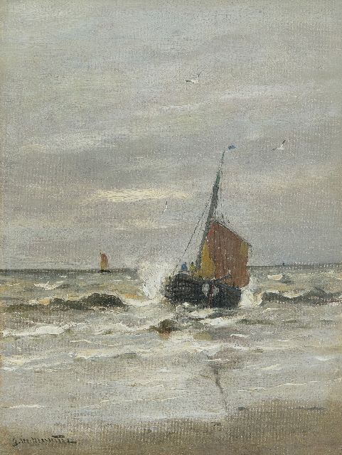 Munthe G.A.L.  | De terugkeer van de 'KW9' op het strand van Katwijk, olieverf op doek 40,4 x 30,8 cm, gesigneerd l.o.