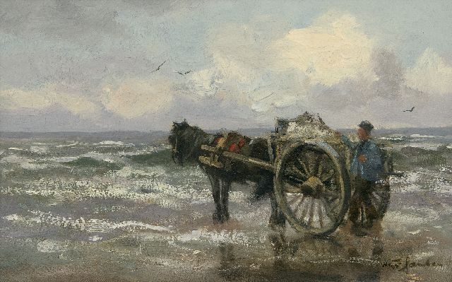 Willem George Frederik Jansen | Schelpenvisser in de branding, olieverf op doek, 25,7 x 40,6 cm, gesigneerd r.o.