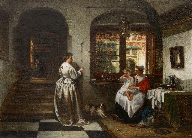 Johannes Anthonie Balthasar Stroebel | Oudhollands interieur met figuren, olieverf op doek, 46,2 x 61,6 cm, gesigneerd l.o.