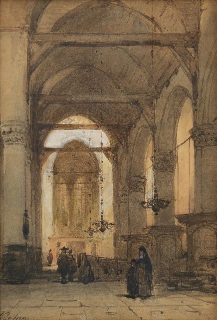 Johannes Bosboom | Kerkinterieur met figuren, aquarel op papier, 26,5 x 18,3 cm, gesigneerd l.o.