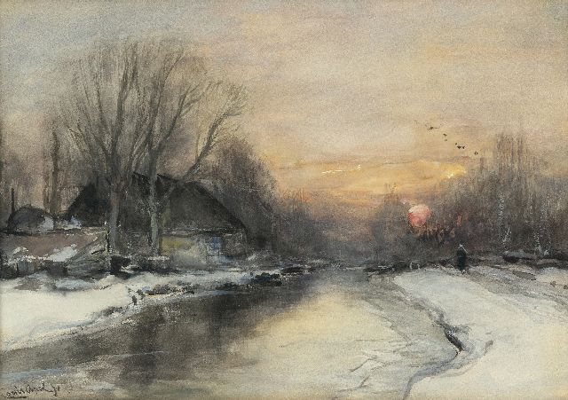 Louis Apol | Besneeuwde rivieroever bij zonsondergang, aquarel op papier, 25,3 x 35,4 cm, gesigneerd l.o.