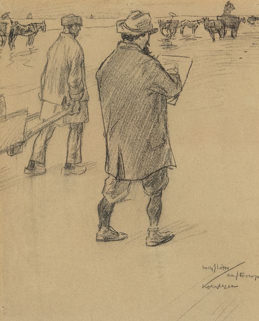 Sluiter J.W.  | Jan Toorop schetsend op het strand van Katwijk aan Zee, zwart krijt op papier 32,6 x 27,0 cm, gesigneerd r.o. en te dateren ca. 1898