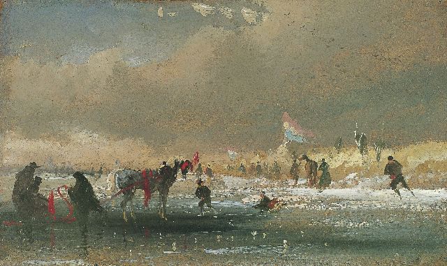 Johannes Tavenraat | Arrenslee en schaatsers op het ijs, olieverf op paneel, 17,0 x 28,0 cm