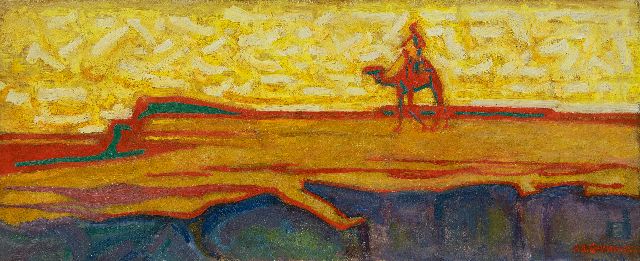 Herman Gouwe | Kamelenruiter in woestijnlandschap, olieverf op doek, 33,5 x 80,0 cm, gesigneerd r.o. en gedateerd 1922