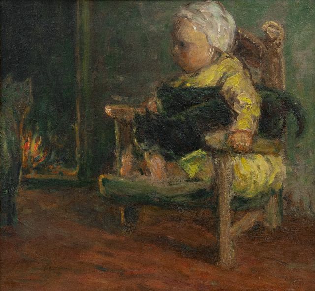 Bernard Blommers | Kind in stoeltje met poezen voor de open haard, olieverf op doek, 26,2 x 28,1 cm