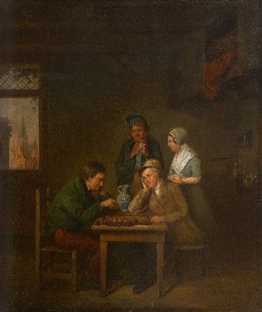Jacob Akkersdijk | Het partijtje dammen, olieverf op paneel, 41,6 x 34,7 cm, gesigneerd l.o. en gedateerd 1842