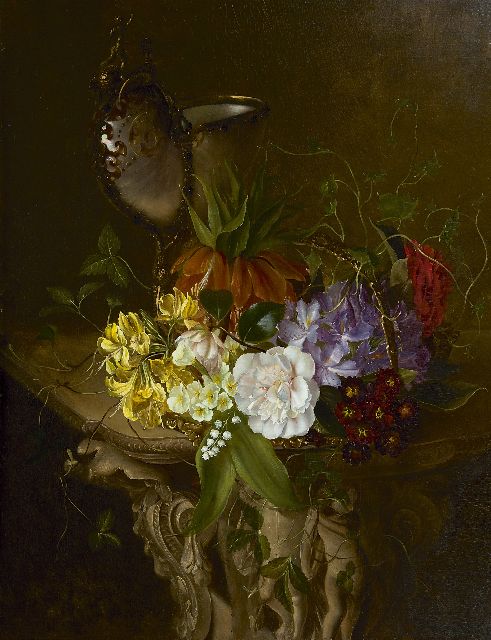 Francine Louise Schot | Stilleven met bloemen en nautilusbeker, olieverf op paneel, 61,6 x 46,9 cm
