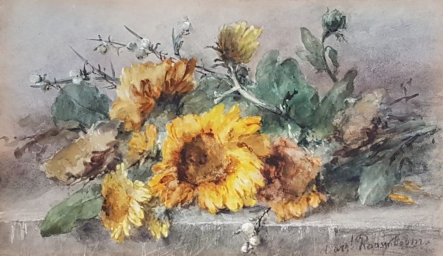 Margaretha Roosenboom | Zonnebloemen op een stenen plint, aquarel op papier, 44,3 x 74,8 cm, gesigneerd r.o.