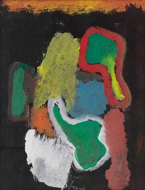 Eugène Brands | Kompositie tegen zwart fond, gouache op papier, 38,0 x 30,0 cm, gesigneerd m.o. en verso gedateerd 1.8.1968