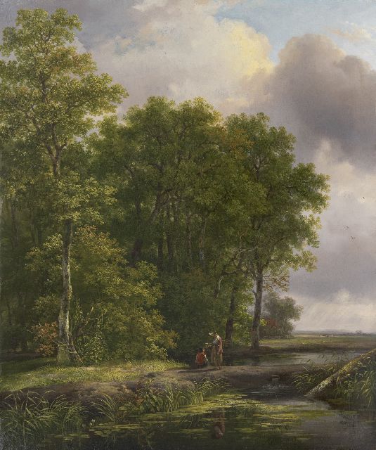Andreas Schelfhout | Paartje in gesprek aan de bosrand, olieverf op paneel, 40,8 x 34,2 cm, gesigneerd l.o. met initialen