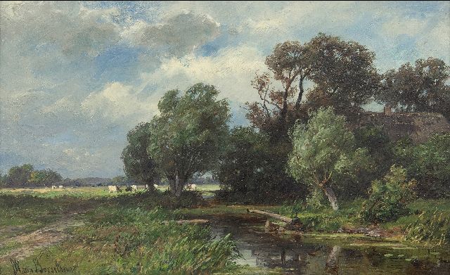 Jan Willem van Borselen | Polderlandschap met grazend vee, olieverf op paneel, 18,0 x 29,0 cm, gesigneerd l.o.