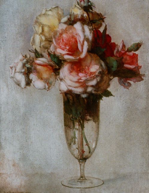 Jan Bogaerts | Glazen vaas met rozen, olieverf op doek, 40,0 x 30,2 cm, gesigneerd l.o. en gedateerd 1927