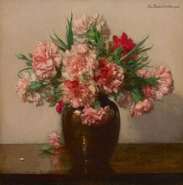 Bogaerts J.J.M.  | Roze anjers, olieverf op doek 39,6 x 38,5 cm, gesigneerd r.b. en gedateerd 1916