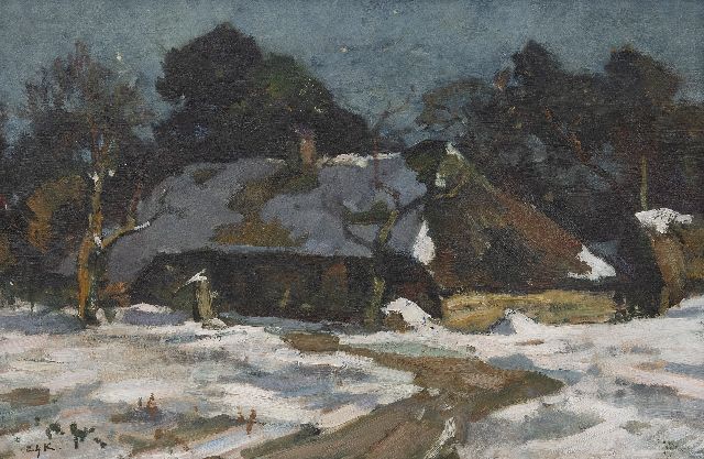 Edzard Koning | Veluwse boerderij in de sneeuw, olieverf op doek, 32,2 x 48,3 cm, gesigneerd l.o. met initialen