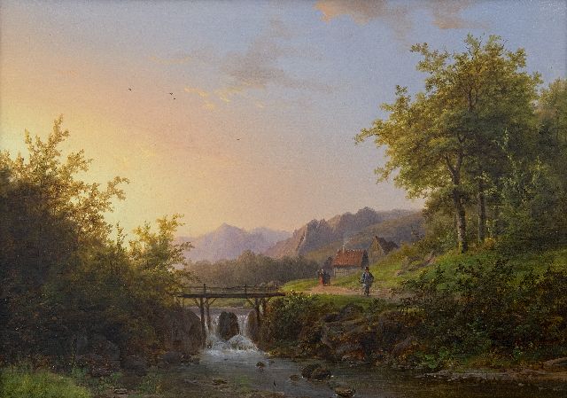 Johann Bernard Klombeck | Zomers beeklandschap met waterval, olieverf op paneel, 29,7 x 41,1 cm, gesigneerd r.o. en gedateerd 1847